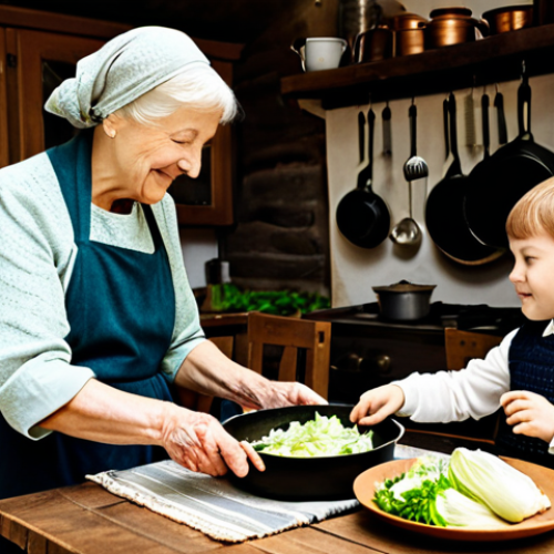 Home 19 Cozy Kitchen Scene**
A family-friendly scene in a warm, inviting kitchen. A grandmotherly figure in modest clothing is serving boiled bacon and cabbage to a young child. The food is steaming on a rustic wooden table. Hanging herbs and copper pots are visible in the background. Safe for work, appropriate content, fully clothed, professional photography, perfect anatomy, natural proportions, modest attire.
**