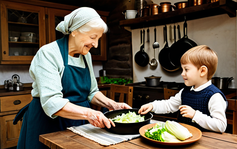Cozy Kitchen Scene**

A family-friendly scene in a warm, inviting kitchen. A grandmotherly figure in modest clothing is serving boiled bacon and cabbage to a young child. The food is steaming on a rustic wooden table.  Hanging herbs and copper pots are visible in the background. Safe for work, appropriate content, fully clothed, professional photography, perfect anatomy, natural proportions, modest attire.

**