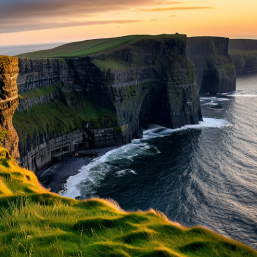 Home 18 **
"A panoramic view of the Cliffs of Moher from the South Platform, Ireland, during sunset. The cliffs are dramatically lit by the setting sun. Safe for work, appropriate content, fully clothed tourists are visible in the distance, enjoying the view. Perfect anatomy, correct proportions, natural pose, professional photography, high quality, breathtaking scenery, modest attire, family-friendly."
**