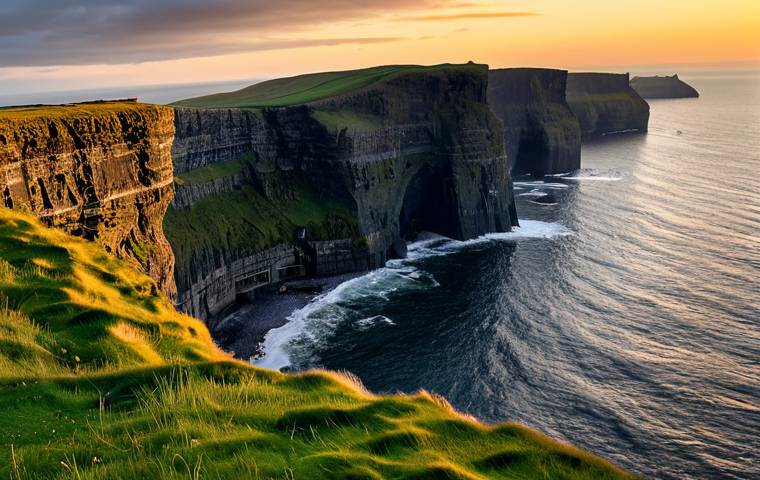 **
"A panoramic view of the Cliffs of Moher from the South Platform, Ireland, during sunset. The cliffs are dramatically lit by the setting sun. Safe for work, appropriate content, fully clothed tourists are visible in the distance, enjoying the view. Perfect anatomy, correct proportions, natural pose, professional photography, high quality, breathtaking scenery, modest attire, family-friendly."
**