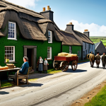British Rule in Ireland**

"A historical scene depicting Ireland under British rule, showing a modest village with traditional architecture, fully clothed people engaged in farming and daily life, appropriate attire, safe for work, realistic, professional illustration, natural lighting, perfect anatomy, correct proportions, family-friendly."

**