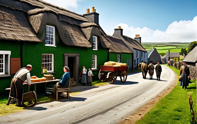 British Rule in Ireland**

"A historical scene depicting Ireland under British rule, showing a modest village with traditional architecture, fully clothed people engaged in farming and daily life, appropriate attire, safe for work, realistic, professional illustration, natural lighting, perfect anatomy, correct proportions, family-friendly."

**